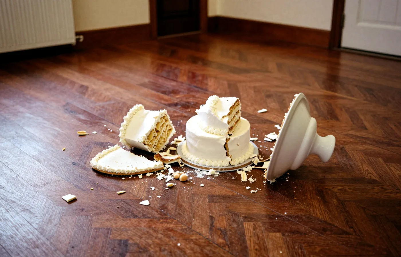 Umgekippte Hochzeitstorte am Boden mit verschmierter Creme.