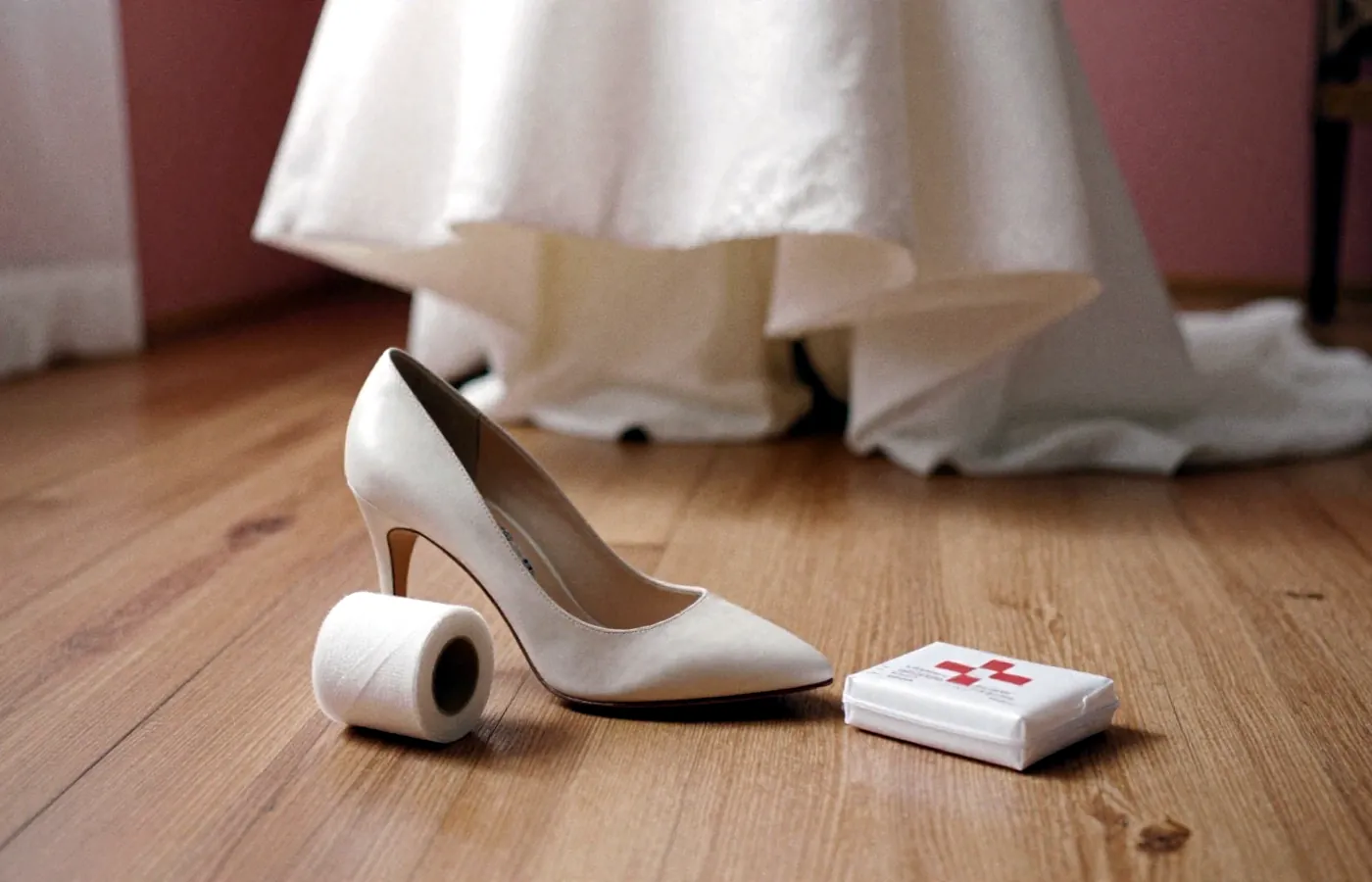 Brautschuh mit abgebrochenem Absatz neben Verbandsmaterial.